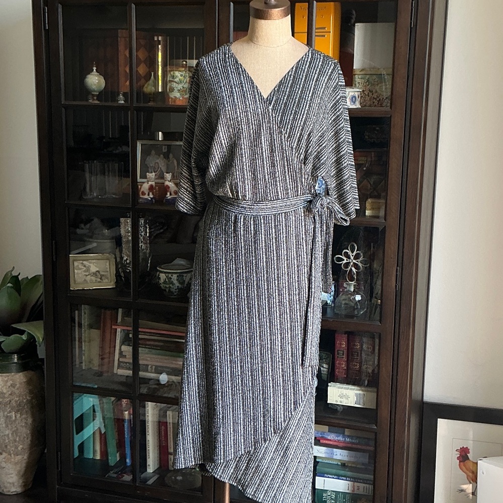 Spence, Chic Asymmetrical Striped Wrap Dress, XL